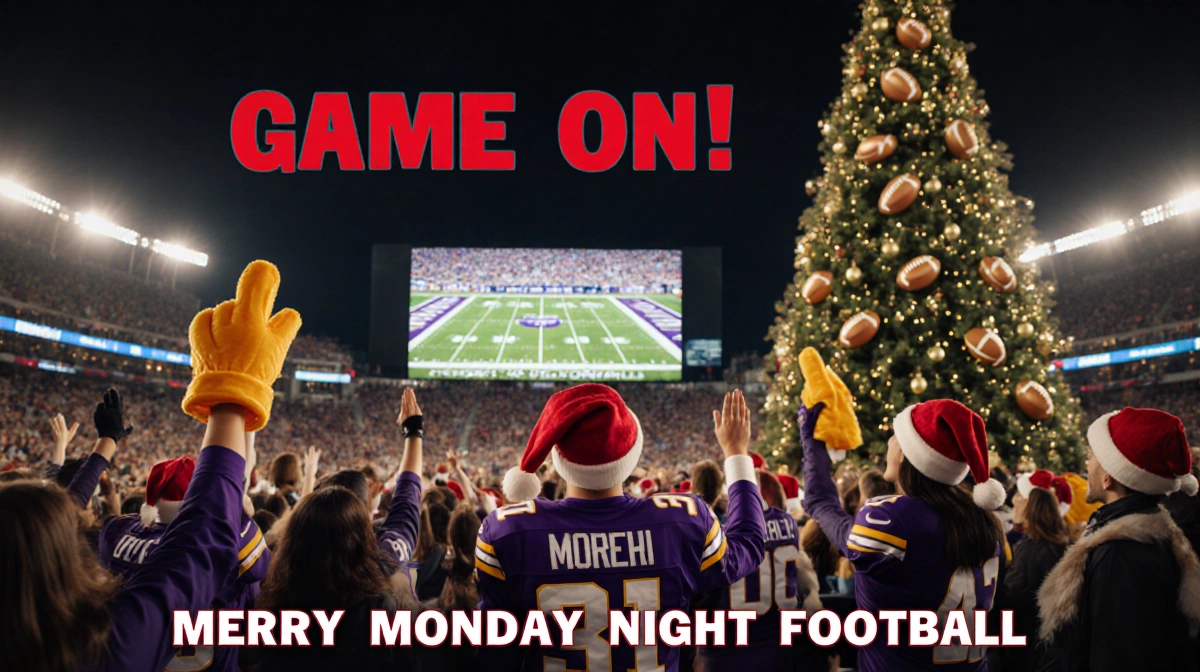 Crowded stadium fans cheer with Vikings jerseys and foam fingers near a giant Christmas tree lit with golden footballs