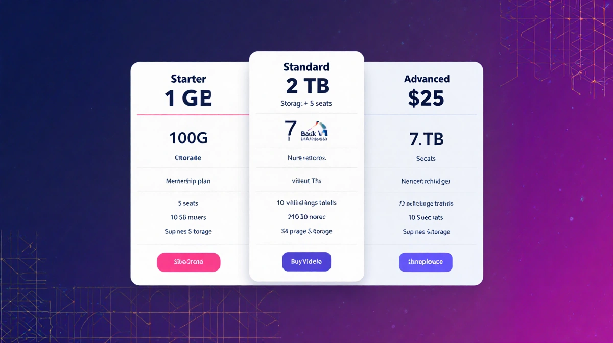 Table shows Vimeo membership plans and pricing with storage and seat details and grid background