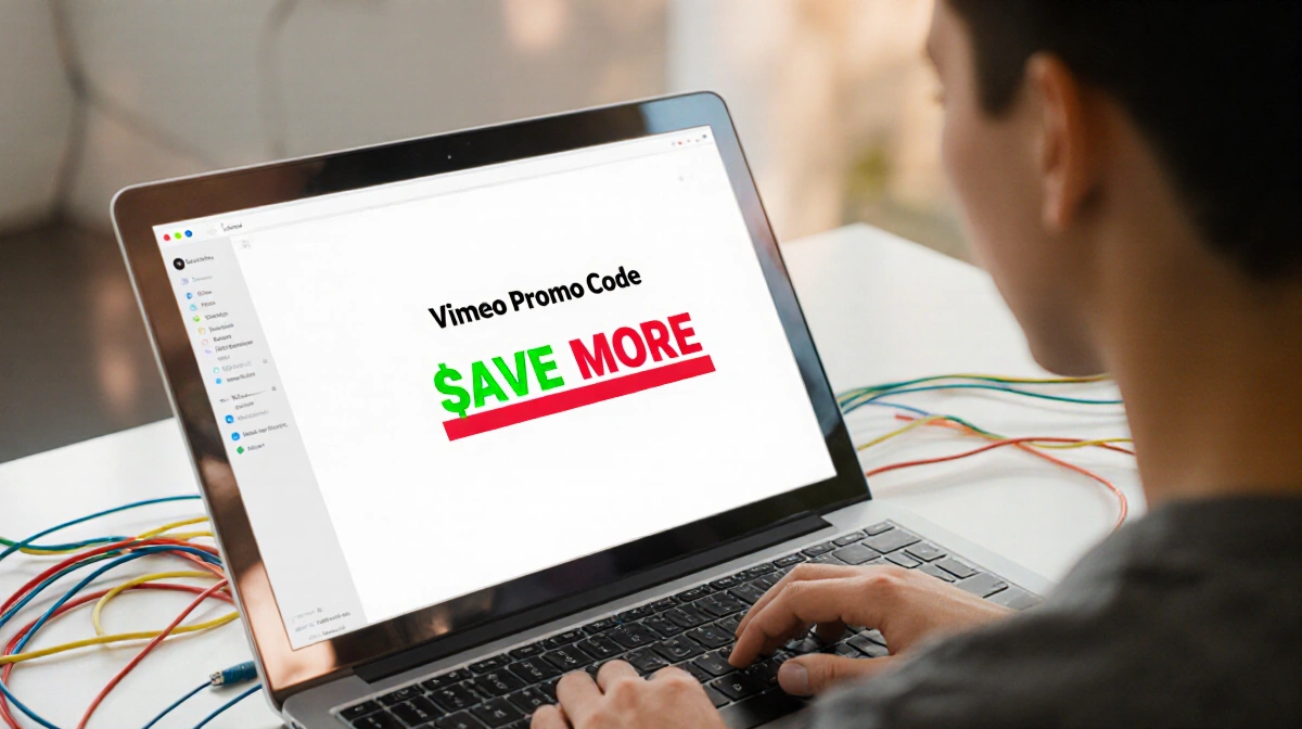 Person typing on sleek laptop with bright Vimeo promo code SAVEMORE and colorful cables