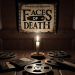 Film reels lie scattered on a dimly lit table with flickering candle and worn DVDs