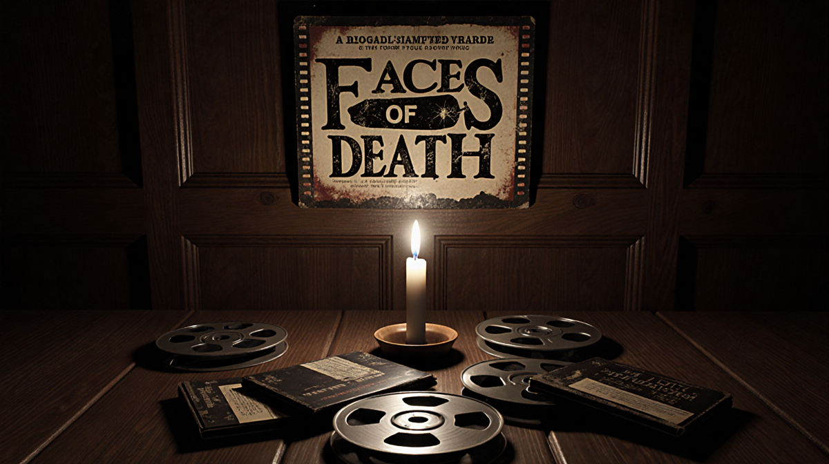 Film reels lie scattered on a dimly lit table with flickering candle and worn DVDs