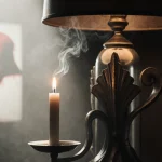 Vintage Art Deco lamp flickers with candle flame and wispy smoke while Twin Peaks reflection glows on worn metal surface