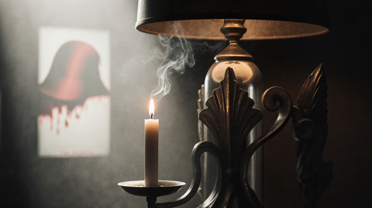 Vintage Art Deco lamp flickers with candle flame and wispy smoke while Twin Peaks reflection glows on worn metal surface