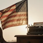 Patriotic American flag waving gently with golden sunset glow and a worn leather armchair beside desk holding veteran survey.