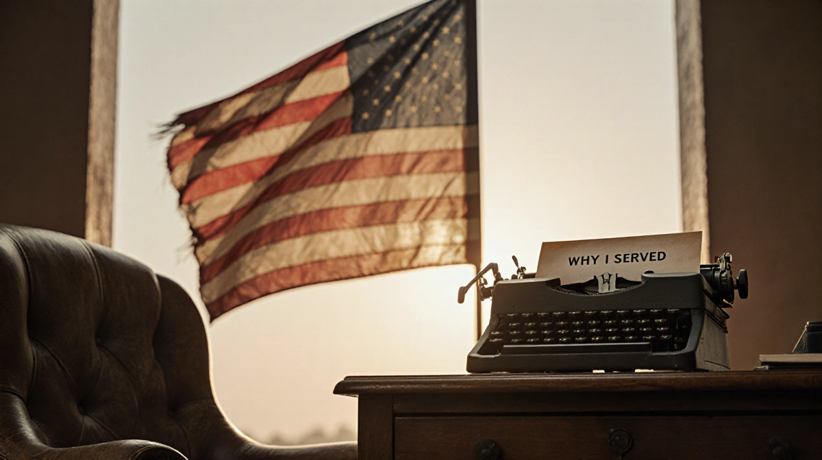 Patriotic American flag waving gently with golden sunset glow and a worn leather armchair beside desk holding veteran survey.