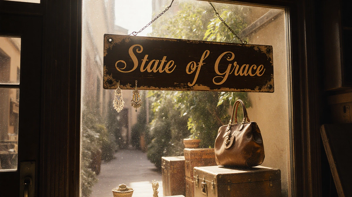 Vintage storefront with wooden sign reading State of Grace and antique jewelry displayed in golden sunlight