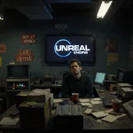 Frustrated programmer debugging at cluttered desk with vintage computers and Unreal Engine logos on wall