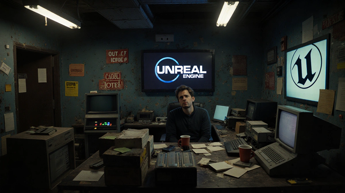 Frustrated programmer debugging at cluttered desk with vintage computers and Unreal Engine logos on wall