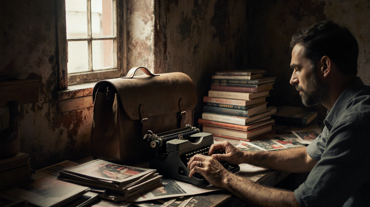Hands arranging vintage leather satchel on typewriter with dusty thrift finds and fashion magazines nearby