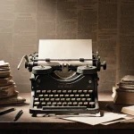 Vintage typewriter sits on worn wooden desk with dusty books and old newspapers under warm natural light