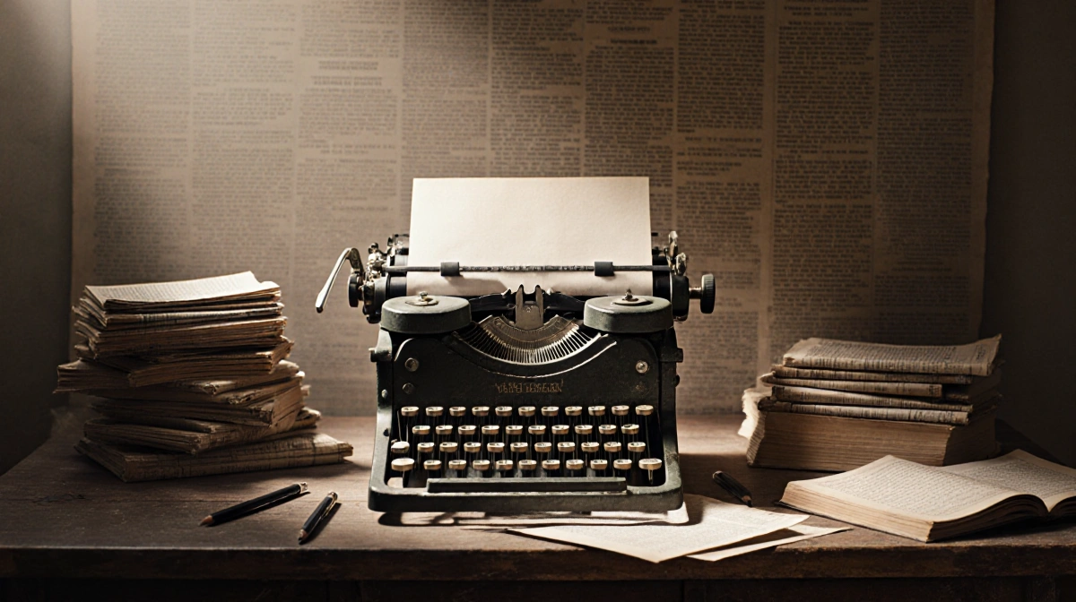 Vintage typewriter sits on worn wooden desk with dusty books and old newspapers under warm natural light