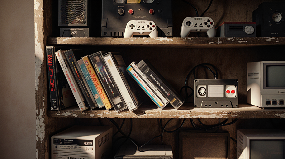 Vintage VHS tapes arranged haphazardly on a worn wooden shelf with retro video game controllers and nostalgic cassette tapes.