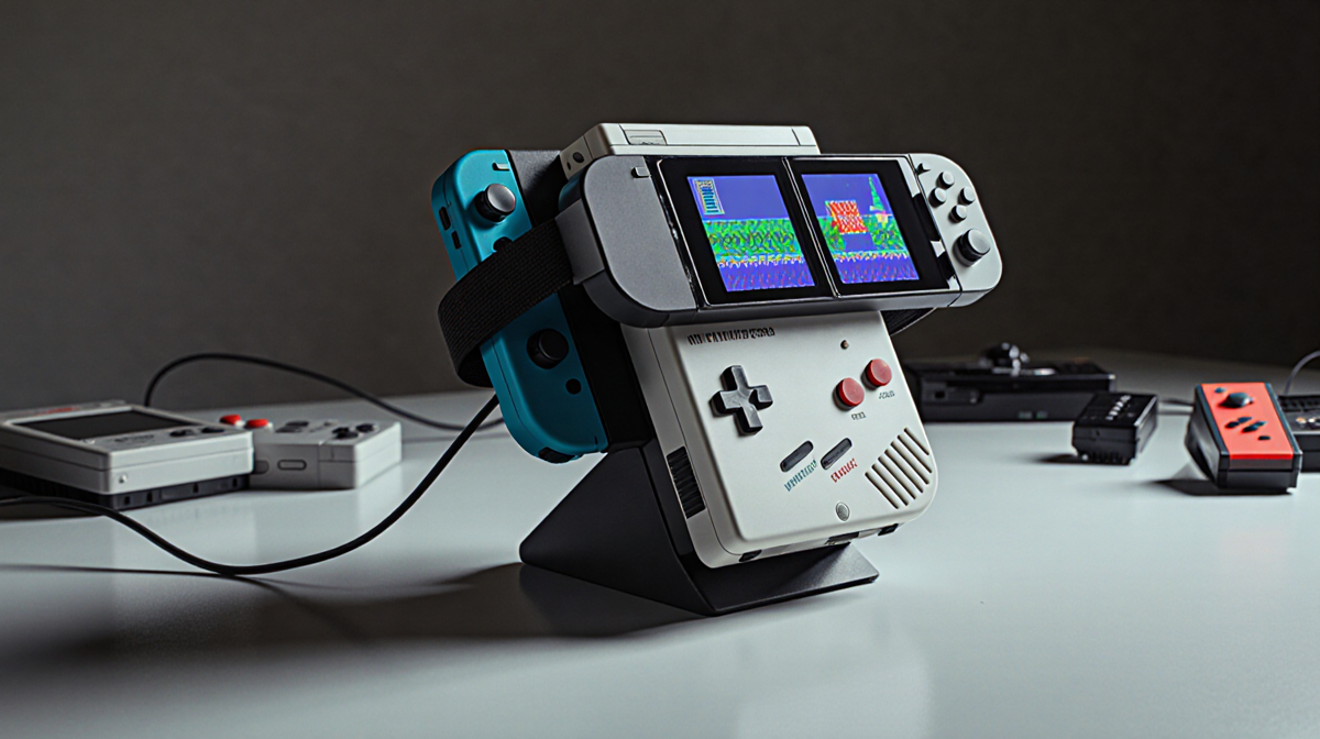 Virtual Boy console resting on desk with integrated goggles showing Switch 2 screens and retro accessories scattered behind