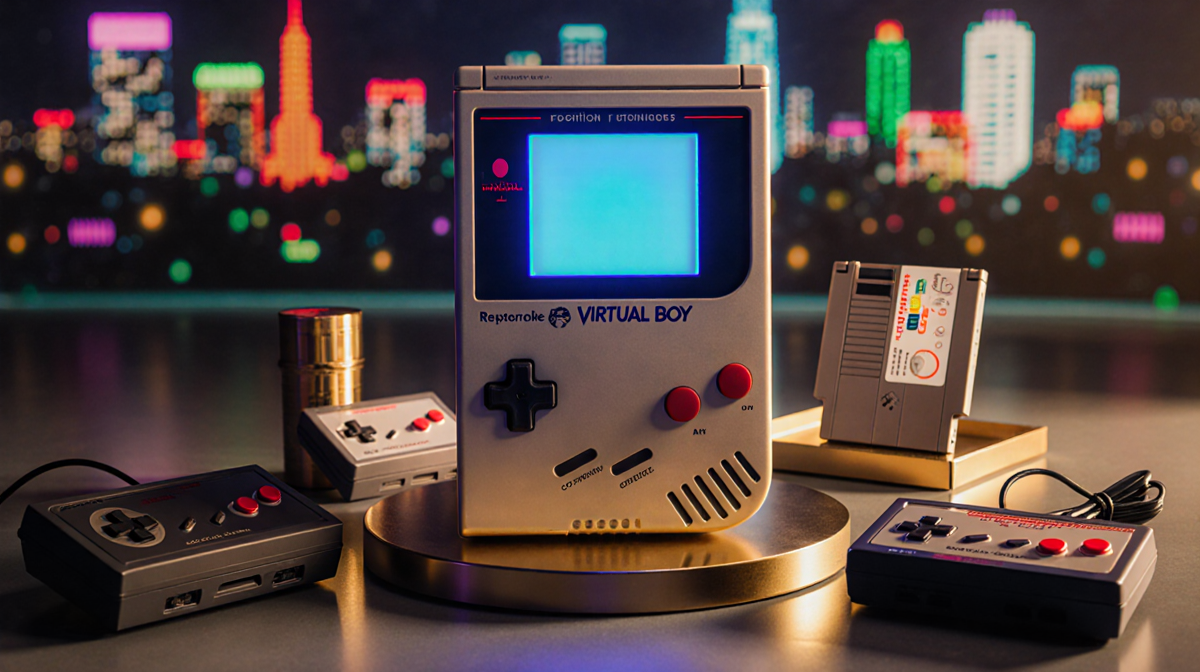 Retro toy box revealing restored Virtual Boy console with glowing blue cartridge slot on pedestal and warm golden lighting.