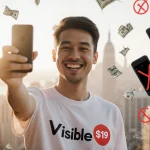 Person holding a phone with $19 Visible sticker on shirt while broken phones with red X surround them in city backdrop