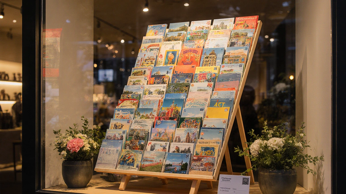 Wooden easel arranging colorful postcards with floral accents and warm bright lighting.