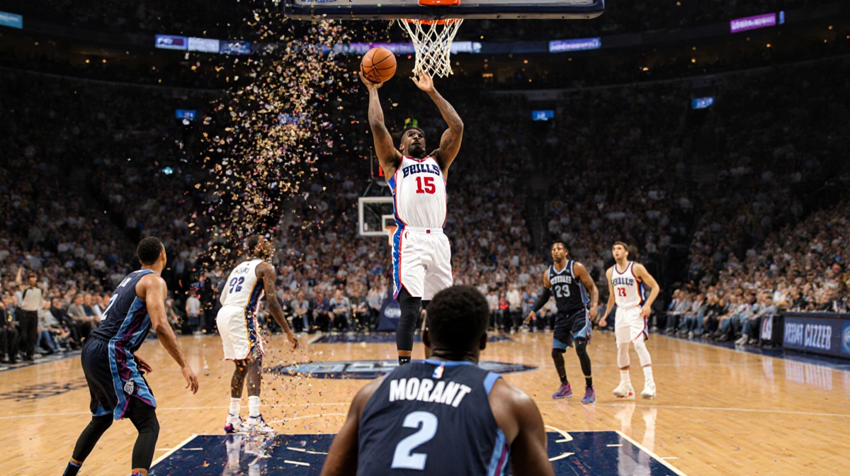 Philadelphia 76ers guard VJ Edgecombe releasing a three‑point shot with the ball arcing toward the hoop and confetti explodin