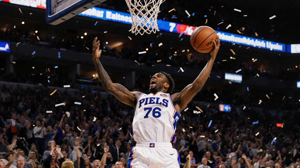 VJ Edgecombe jumps with arms raised after a buzzer‑beater with confetti and cheering 76ers crowd in the background