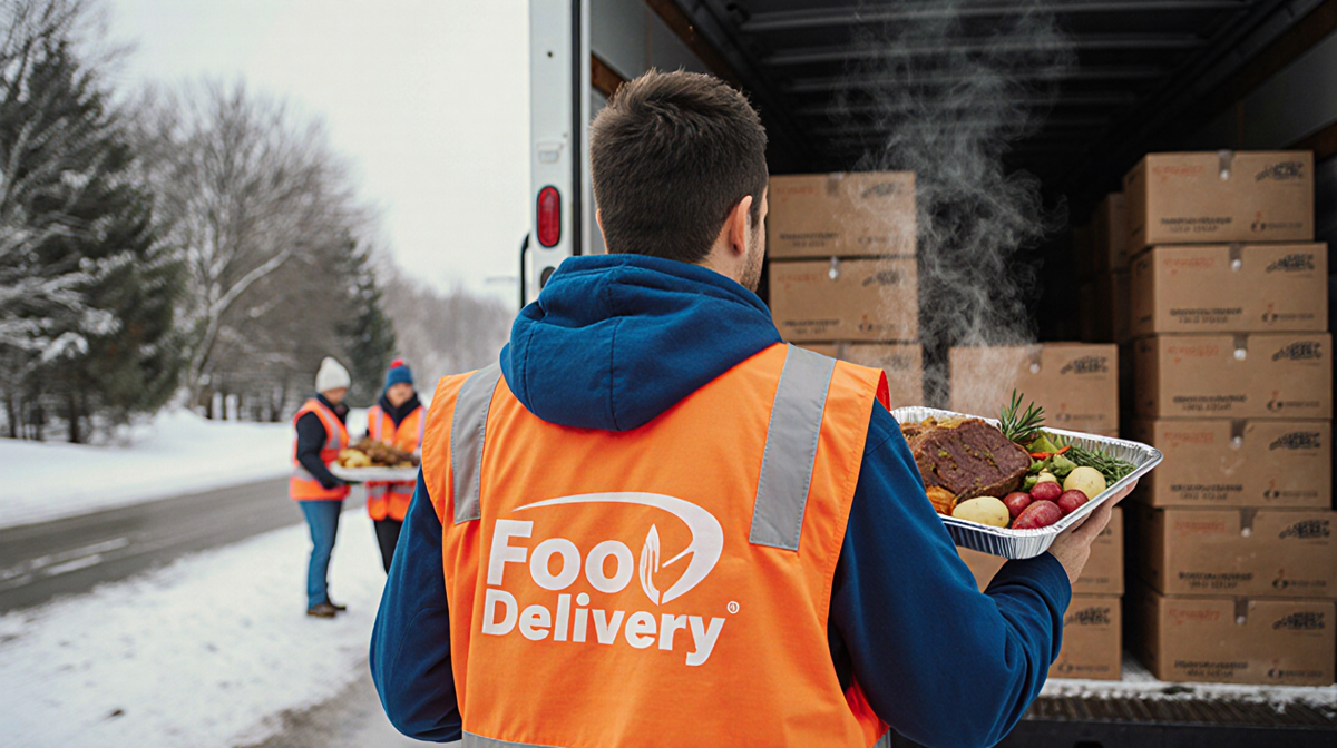 Volunteer unloading warm food from truck with orange vest and steaming pot roast in hand near snowy North Texas backdrop.