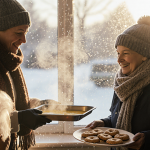 Volunteers serving steaming soup and cookies with scarves and hats in an assisted living kitchen
