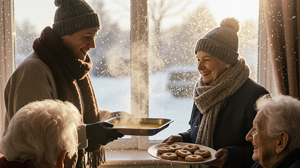 Volunteers serving steaming soup and cookies with scarves and hats in an assisted living kitchen
