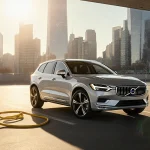 Volvo EX60 electric car charging with bright yellow cables and futuristic city skyline behind