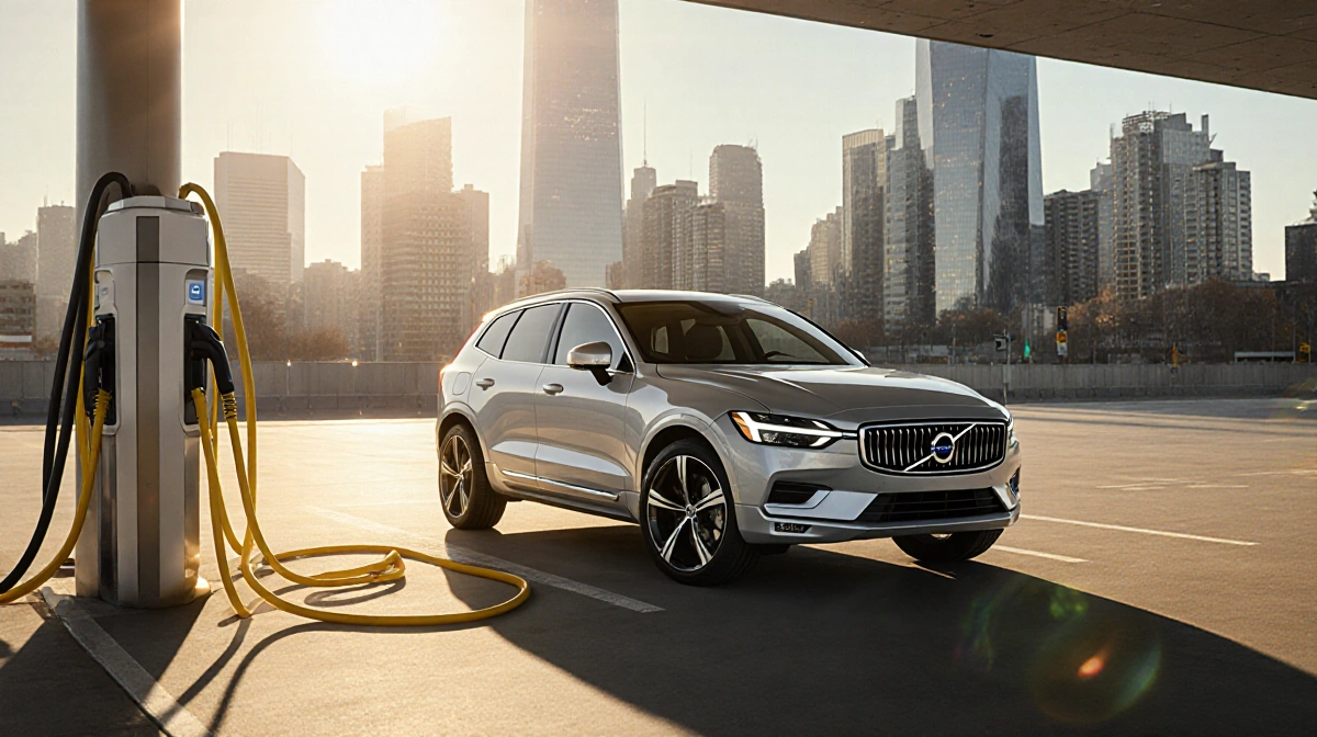 Volvo EX60 electric car charging with bright yellow cables and futuristic city skyline behind