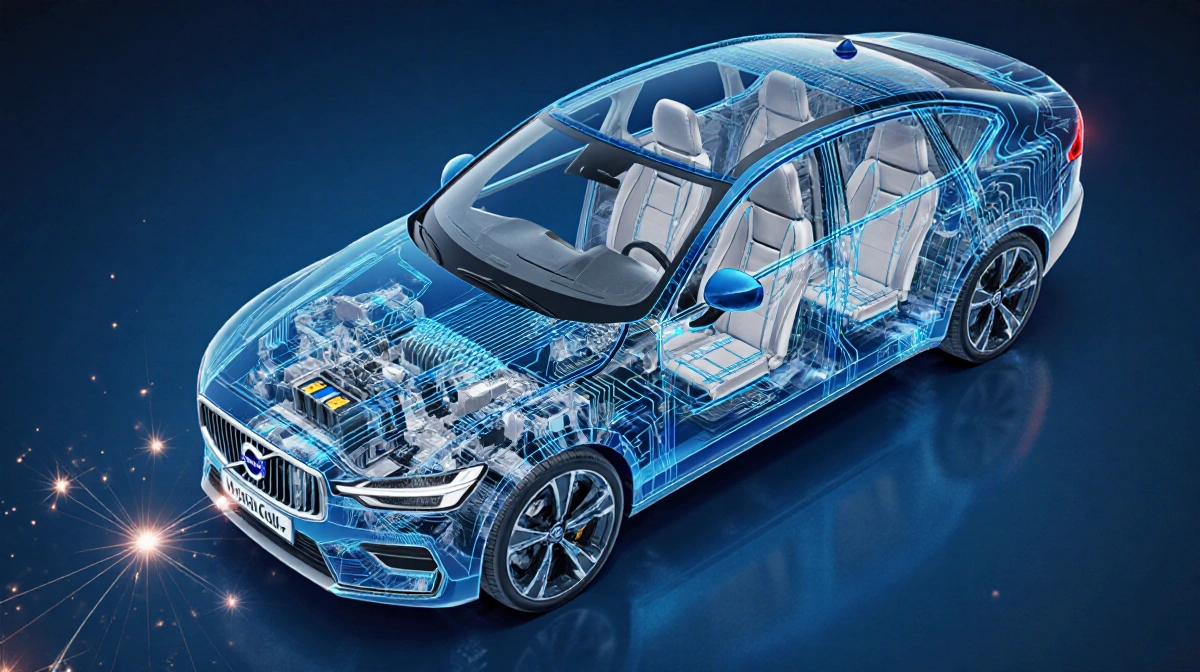 Volvo's HugInCore electrical architecture glows with blue and silver circuits connected to batteries and motors inside the ca