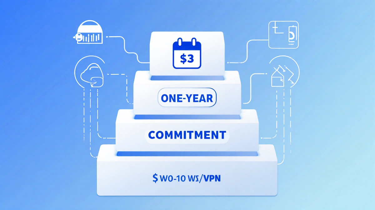 Four boxes show VPN subscription plans with price tags from $3 to $13 and calendar icons indicating commitment levels.