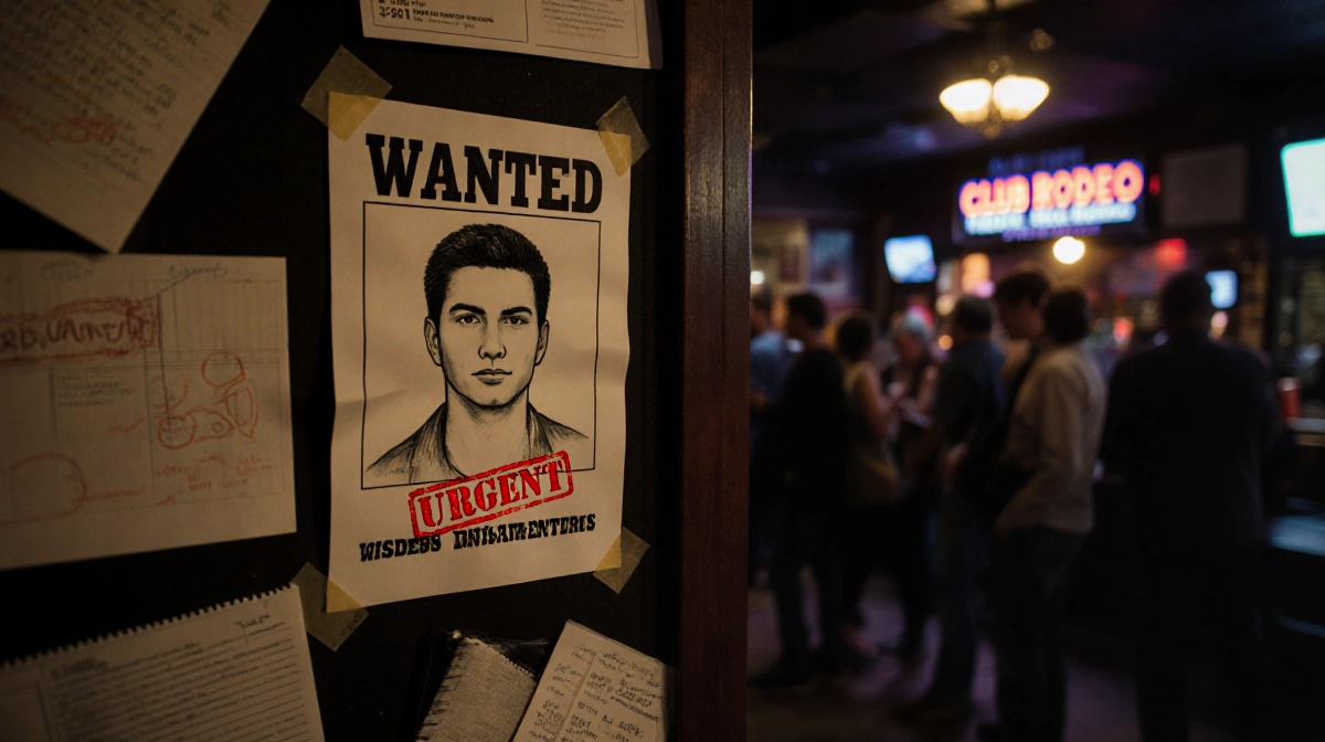 Wanted poster shows a police sketch with red URGENT stamp and scattered notes nearby.