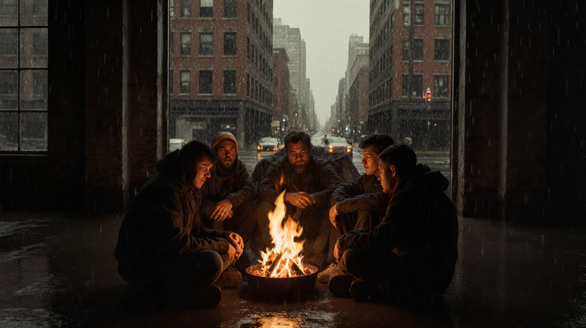 Weary group huddles around fire with rain pouring outside and city skyline reflected in windows