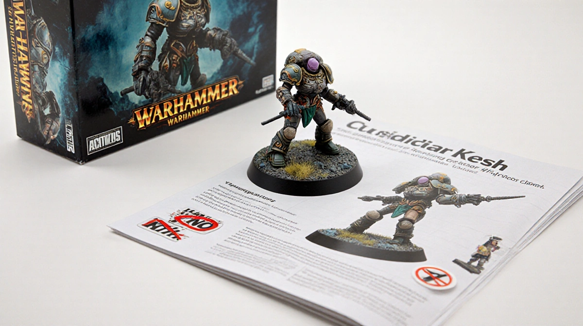 Warhammer box shows female Custodian Kesh model with instruction manual and faded no stickers on packaging