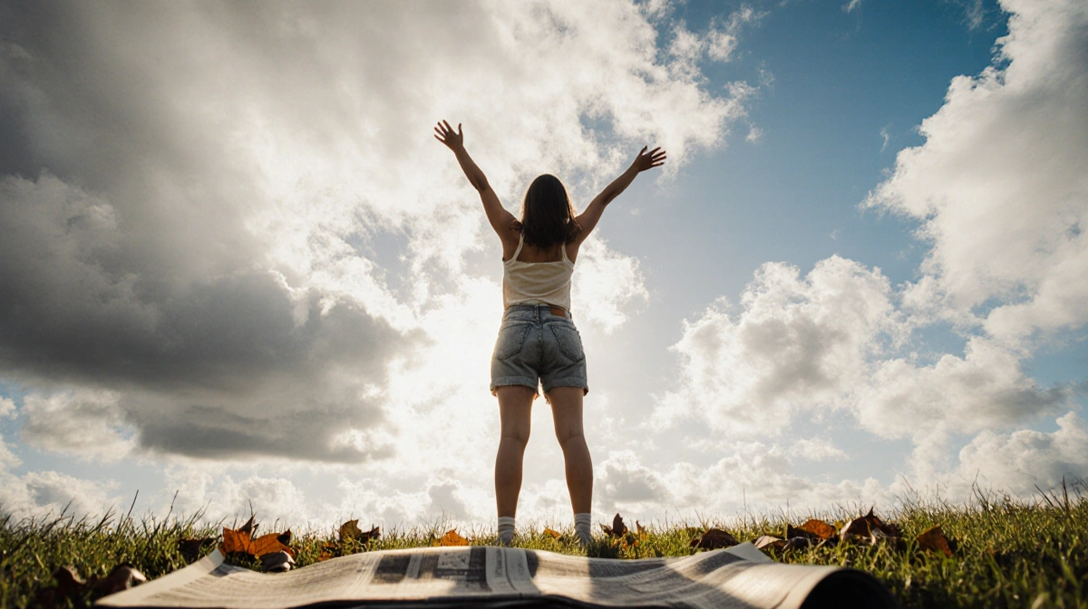 Summer person stretching arms upward with warm sunlight and scattered leaves on the ground