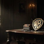 Shattered Warner Bros shield lies on wooden desk with vintage film reels and dusty books in dim study