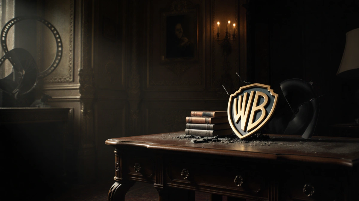 Shattered Warner Bros shield lies on wooden desk with vintage film reels and dusty books in dim study