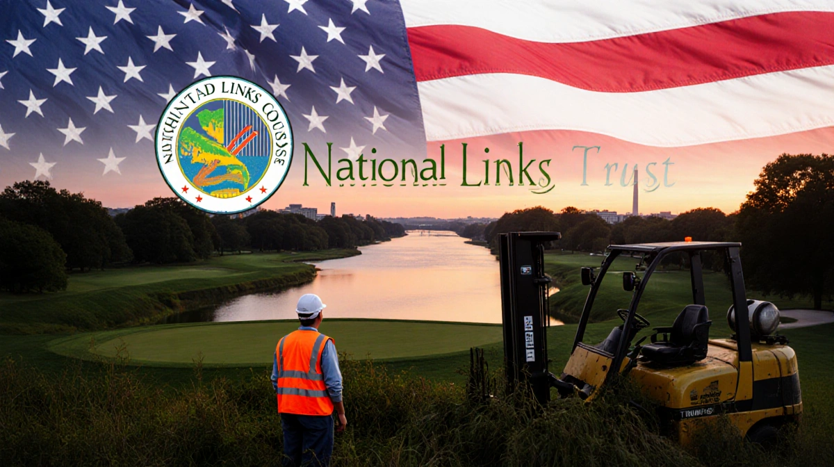 Maintenance worker in orange vest standing with forklift beside golf course at sunset over Potomac River and flag.