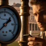 Resident holding cup of water checking gauge with cracked pipe and golden light signifying water main break in Pflugerville