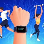 Young adult running with fitness tracker while another lifts weights on split-screen with blue gradient background and circui