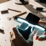 Hands holding a smartphone with smart glasses on face and a subtle glow lighting a cluttered desk full of assistive tools.