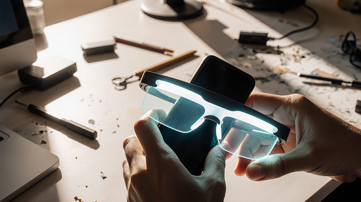 Hands holding a smartphone with smart glasses on face and a subtle glow lighting a cluttered desk full of assistive tools.
