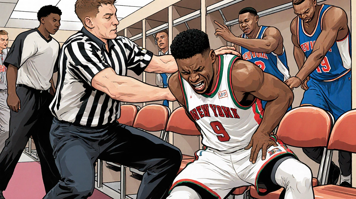 Kelly Olynyk checking Wembanyama with a contact while he leans against a bench and basketball teammates rush to aid injury