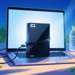 Laptop displaying data with Western Digital drive and green leaves with recycled bottles nearby