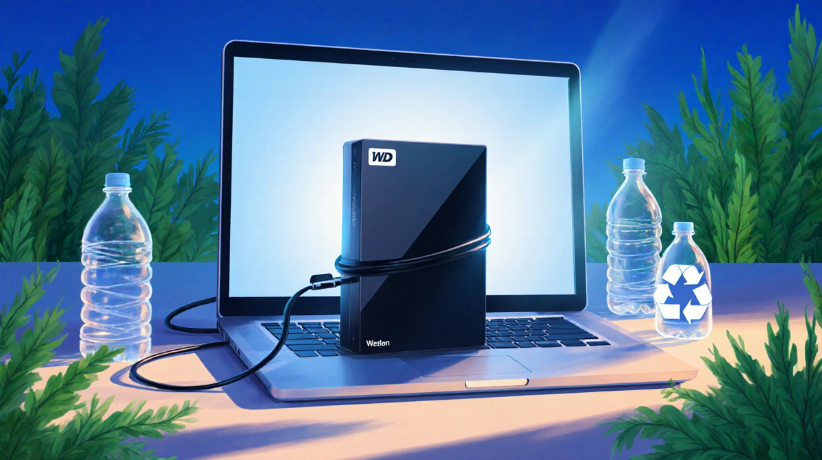 Laptop displaying data with Western Digital drive and green leaves with recycled bottles nearby