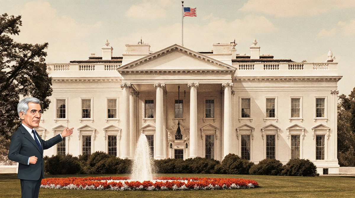 Walters gesturing toward presidential expansion with 1940s East Wing addition beside White House and hint of West Wing.