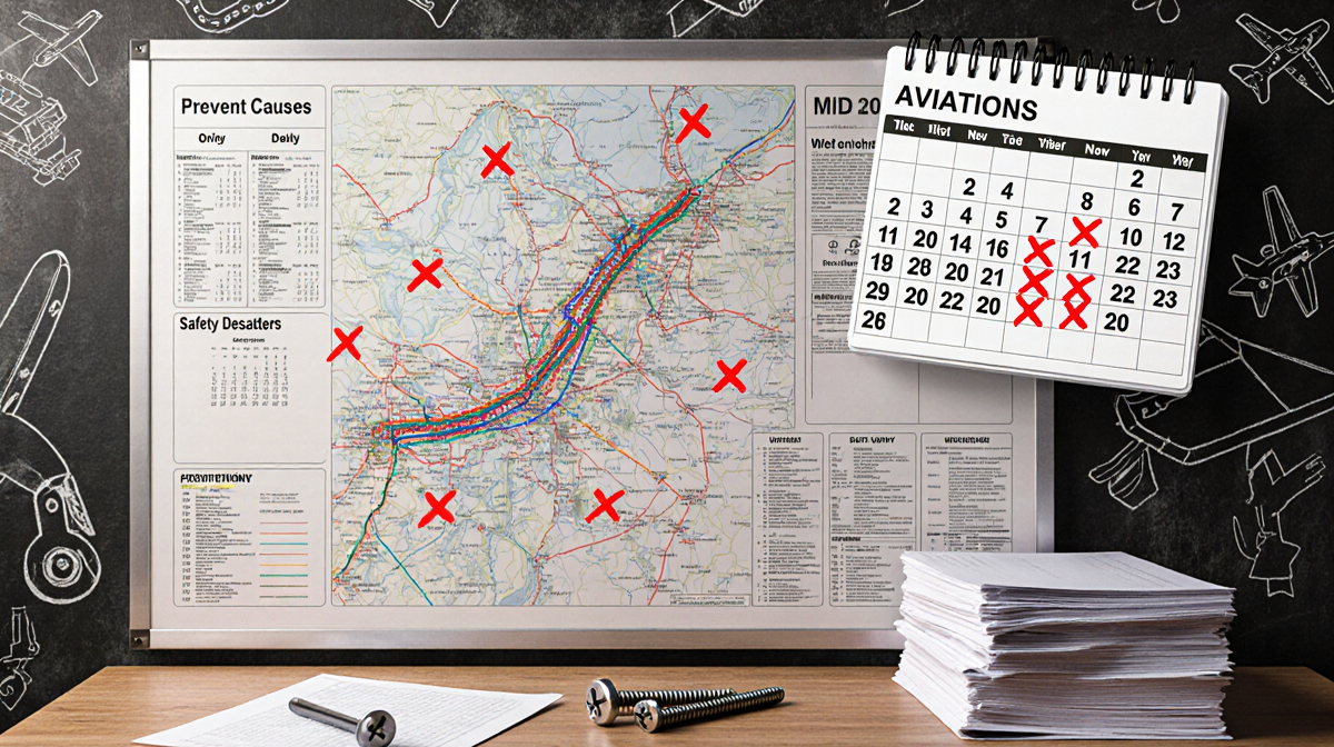 Whiteboard shows aviation route maps with red Xs and warning symbols calendar missing safety reviews reports indicating overs