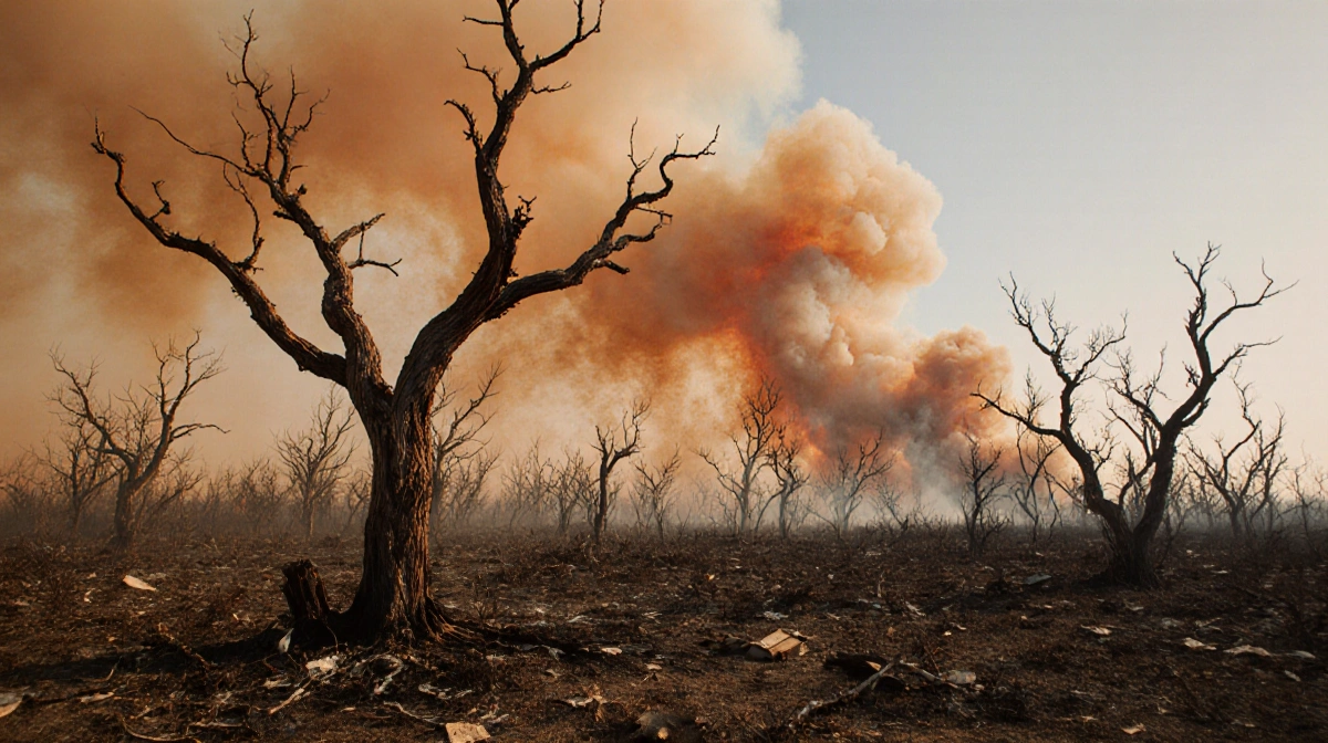 Wildfire aftermath shows twisted tree branches and charred trunks in a barren landscape with a dusty plume rising.