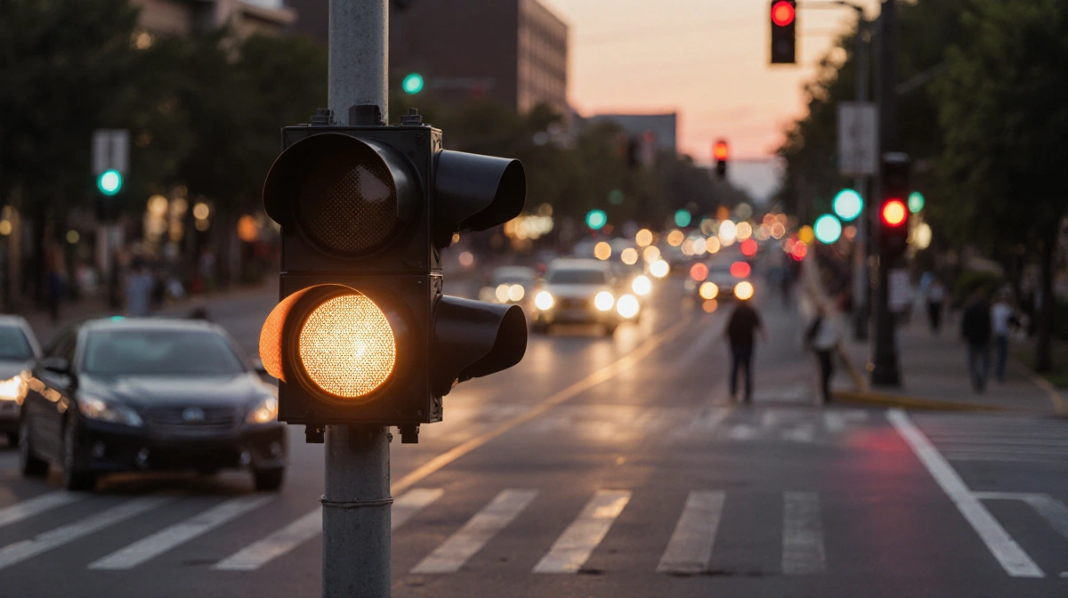 Cars stopping at a glowing retroflective traffic signal with pedestrians crossing in a busy evening intersection