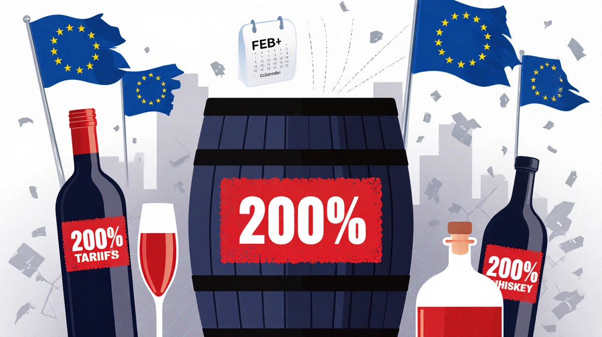 Wine barrel showing bold red 200% label with EU flags fluttering behind and a champagne bottle nearby
