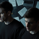 Winklevoss twins stand side by side with somber cluttered background of cryptocurrency documents and laptops