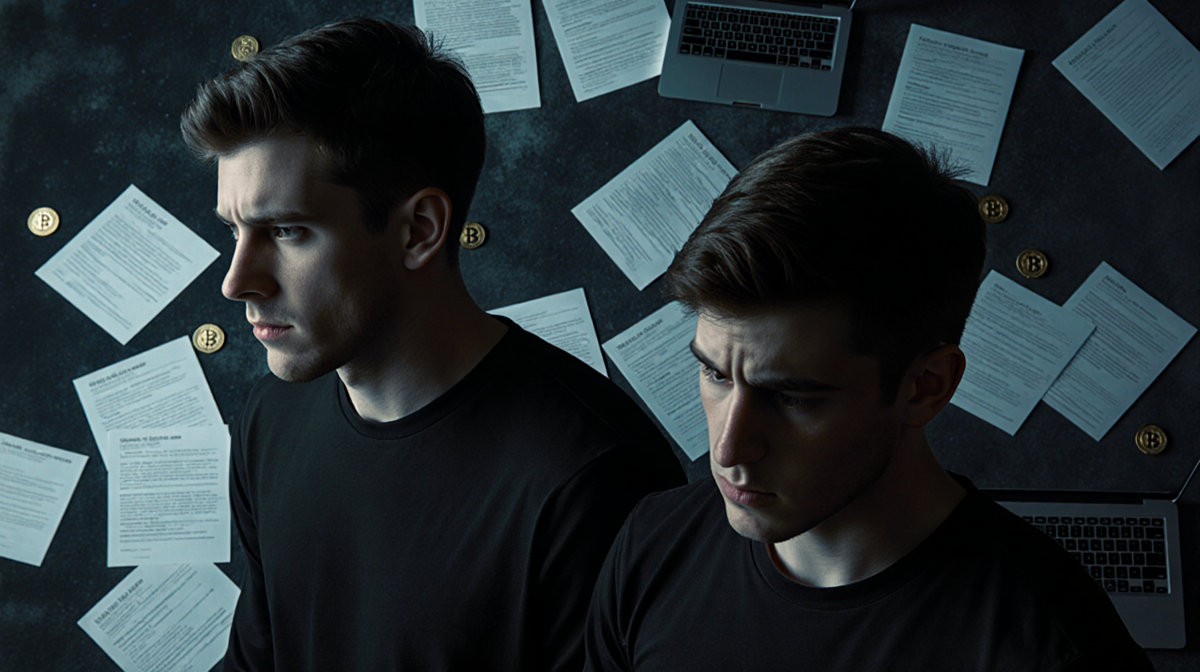 Winklevoss twins stand side by side with somber cluttered background of cryptocurrency documents and laptops